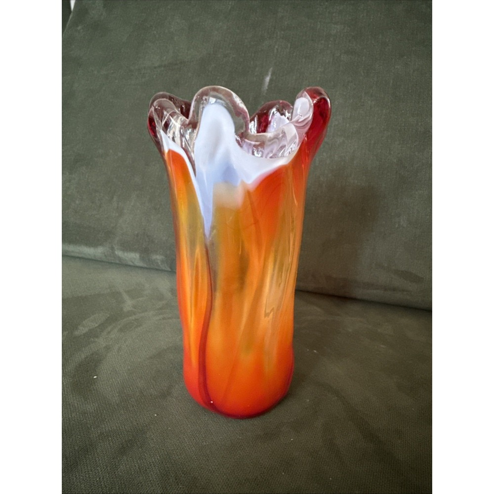 Studio Handblown Art Glass Vase Red Orange Yellow‎ White Dimpled Rim Fall 6"